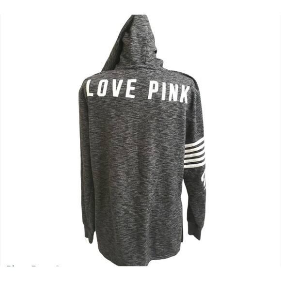 VS PINK Gray LOVE PINK back spell out oversized long line Hoodie Size XS-M - Picture 2 of 8